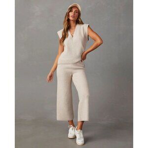 VICI Always Cozy Ribbed Wide Leg Pants High Rise Knit Womens Large Beige
